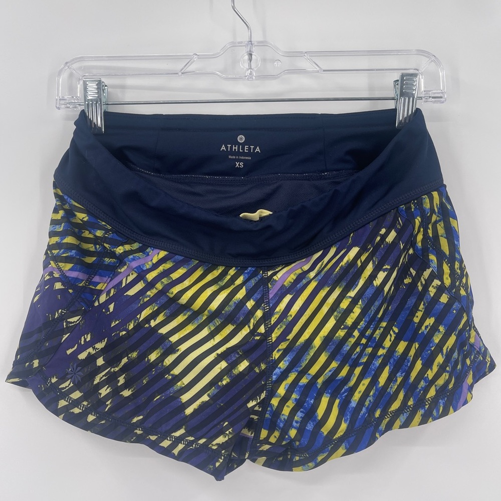 Athleta Pulse Running Shorts XS Blue Yellow Security Pocket Inner Brief Women's